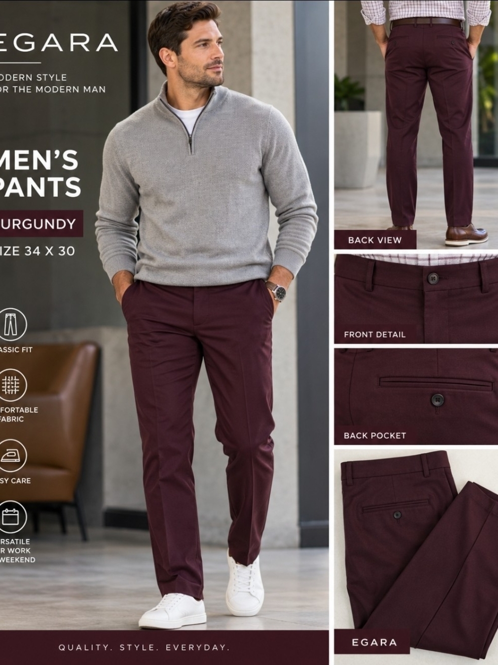 EGARA Men's Burgundy Classic Fit Pants Size 34X30